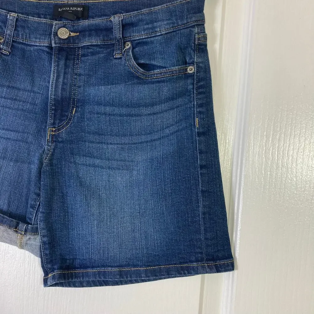 BANANA REPUBLIC Shorts Women 27/4 Blue Denim Dark-Wash Pocket Roll-Tab Chino